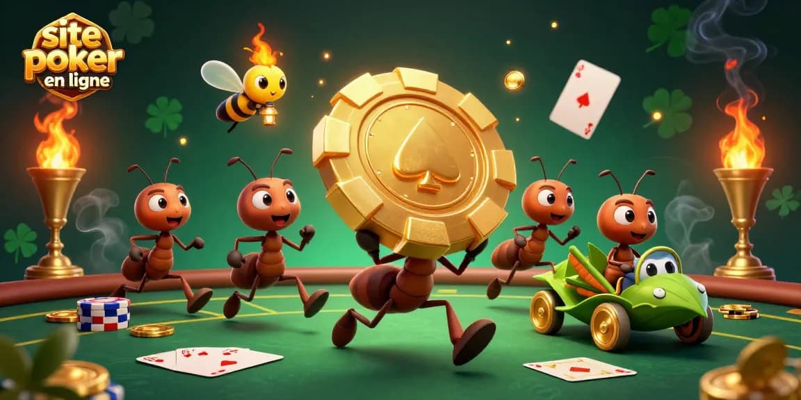 Les fourmis volent avec un jeton de poker sur le site de poker en ligne, entourées de pièces en or.