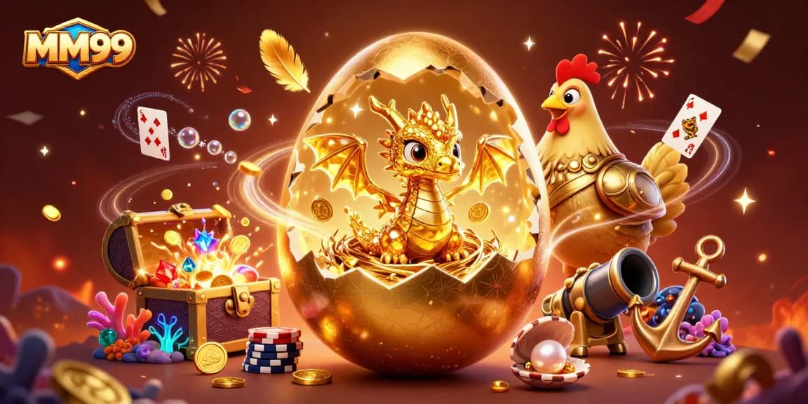 Engage with MM99's vibrant golden egg illustration showcasing a magnificent dragon and poker chips.