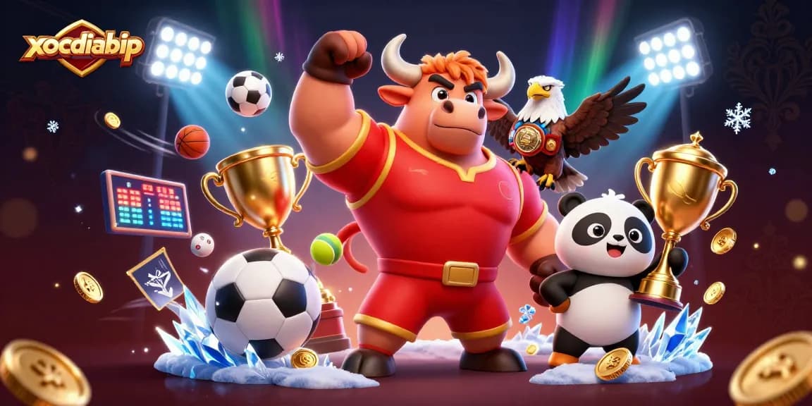xocdiabip showcases a muscular bull, eagle, and panda celebrating winning sports bets amid vibrant casino elements.