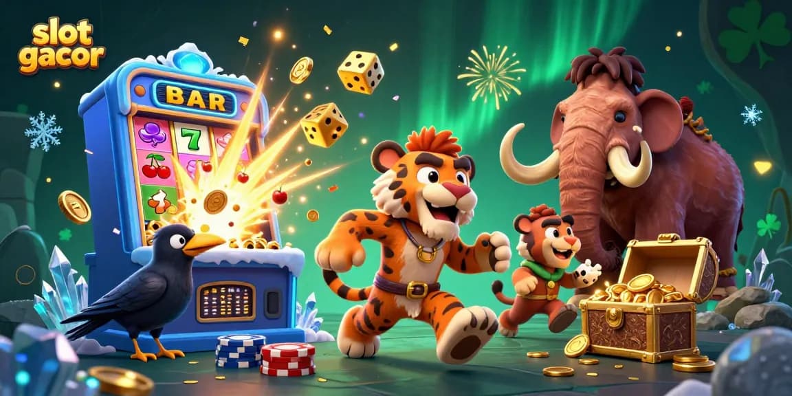 Experience the thrill of slot gacor with a dynamic prehistoric casino scene bursting coins and action.