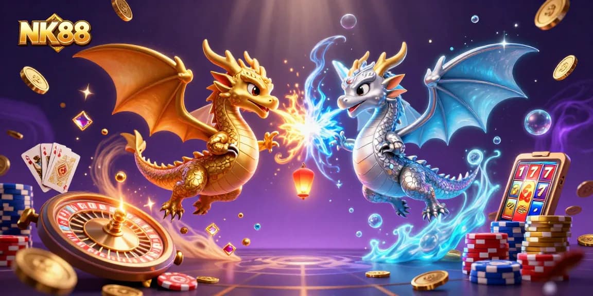 Engage with NK88 as golden and silver dragons battle in a thrilling casino scene.