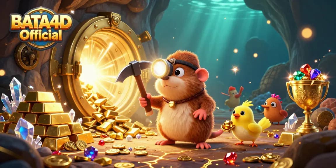 BATA4D Official showcases a treasure hunter mole mining gems surrounded by casino riches and glowing treasures