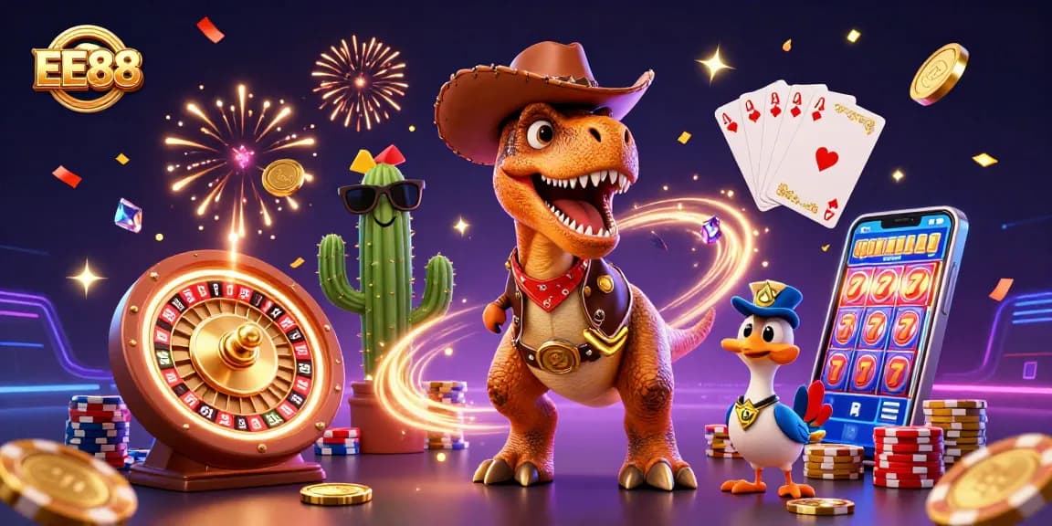 EE88 ignites winning excitement with a vibrant casino scene showcasing a T-Rex, cactus, and roadrunner!