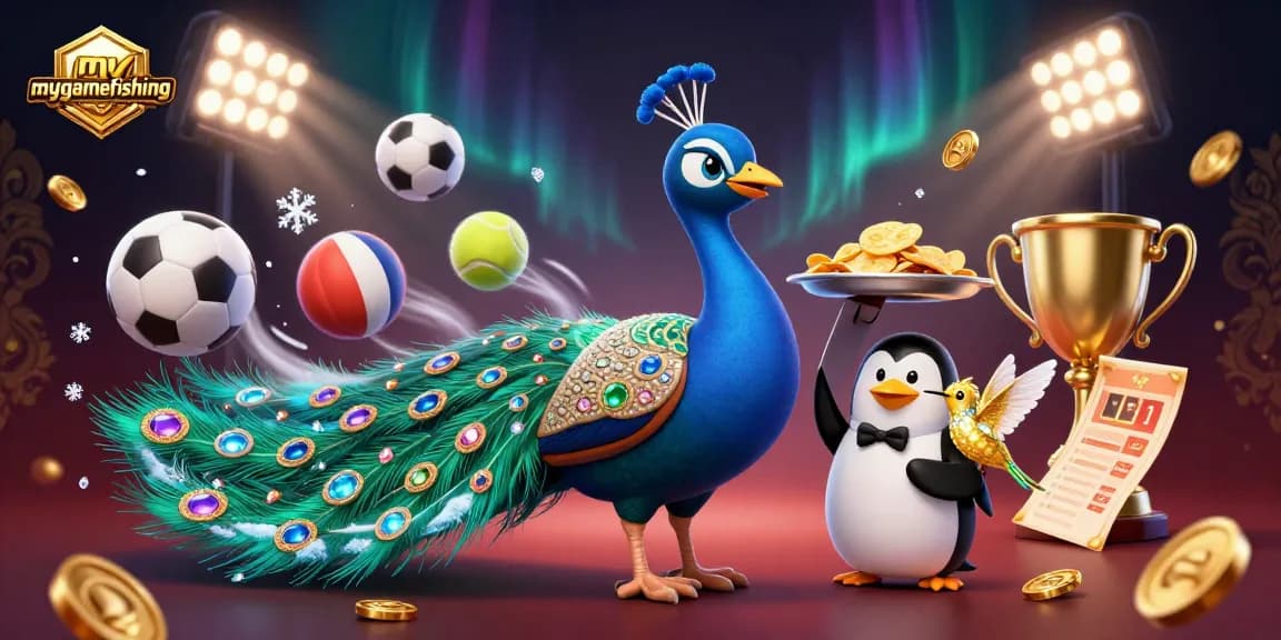 Win big with mygamefishing in this vibrant casino-themed 3D illustration showcasing peacock and penguin characters.