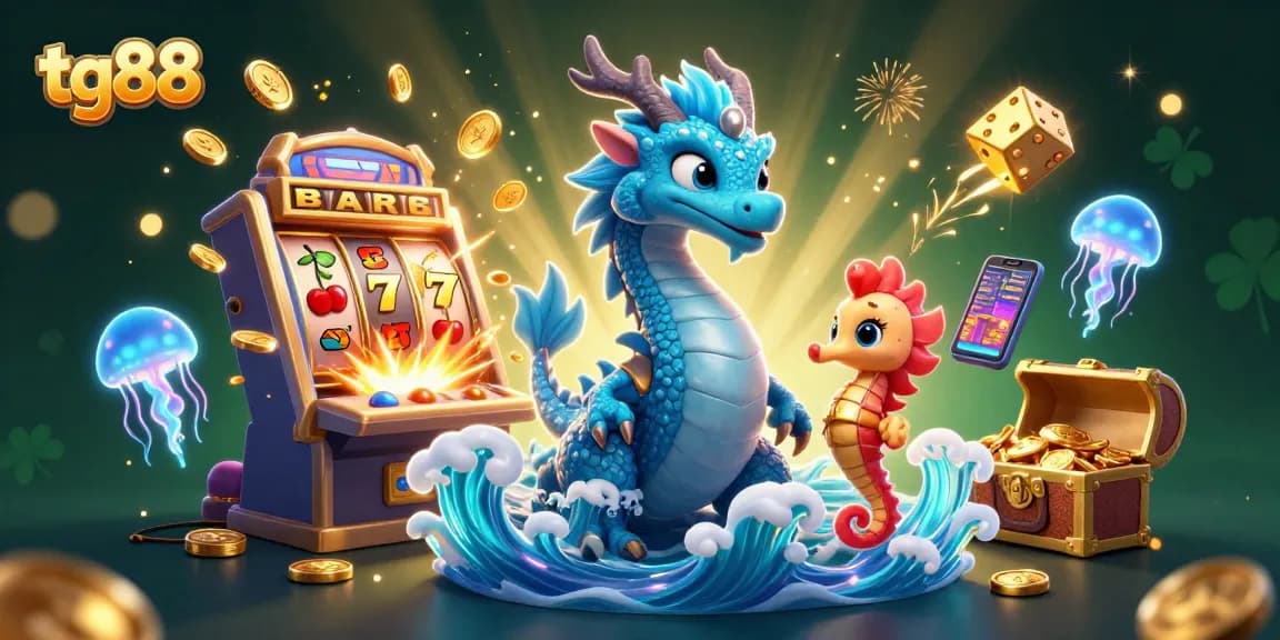 Experience the thrill at TG88 with a vibrant scene showcasing exciting casino elements, magical creatures, and jackpots.