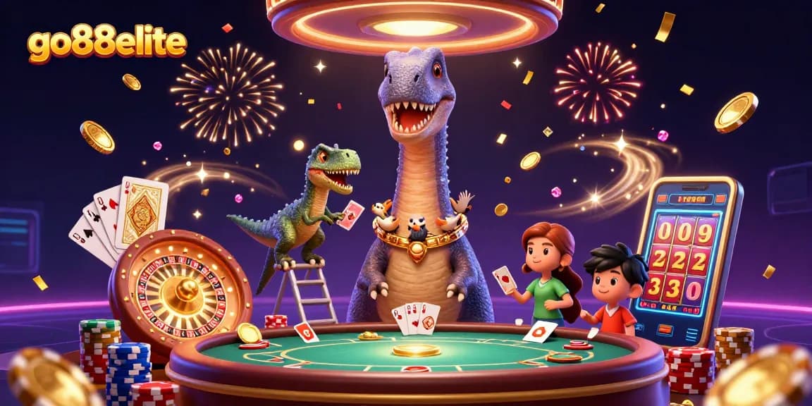 Engage with go88elite as a vibrant 3D casino scene unfolds, featuring a playful brontosaurus and raptor dealers