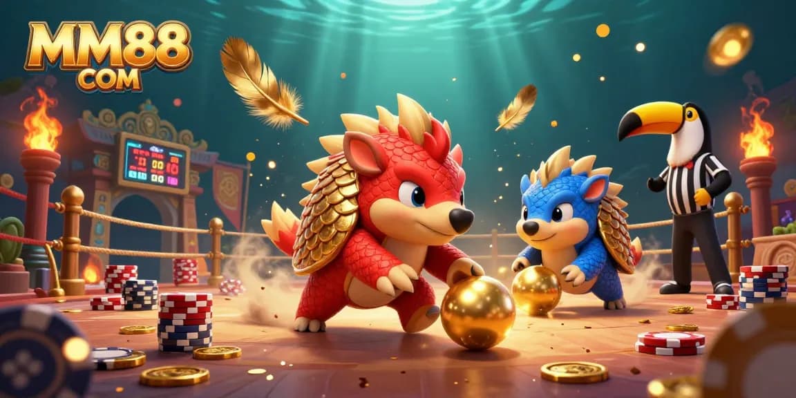 Engage with MM88 COM through a vibrant 3D casino showdown featuring cartoon pangolins and poker action.