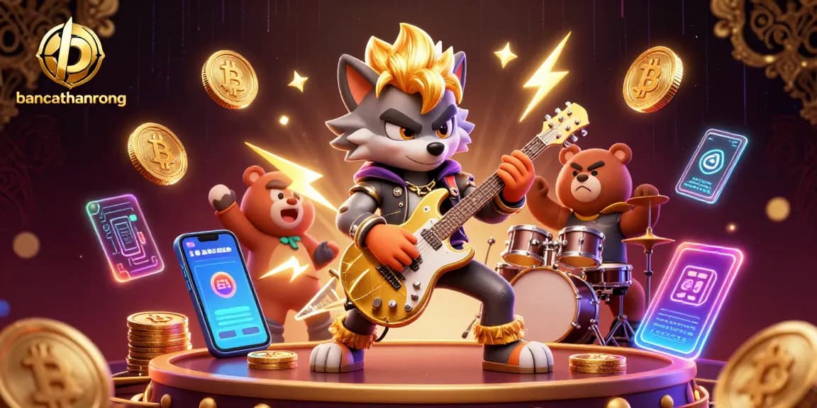 bancathanrong showcases an electrifying 3D rock star wolf on stage amidst cryptocurrency coins in vibrant casino artwork.