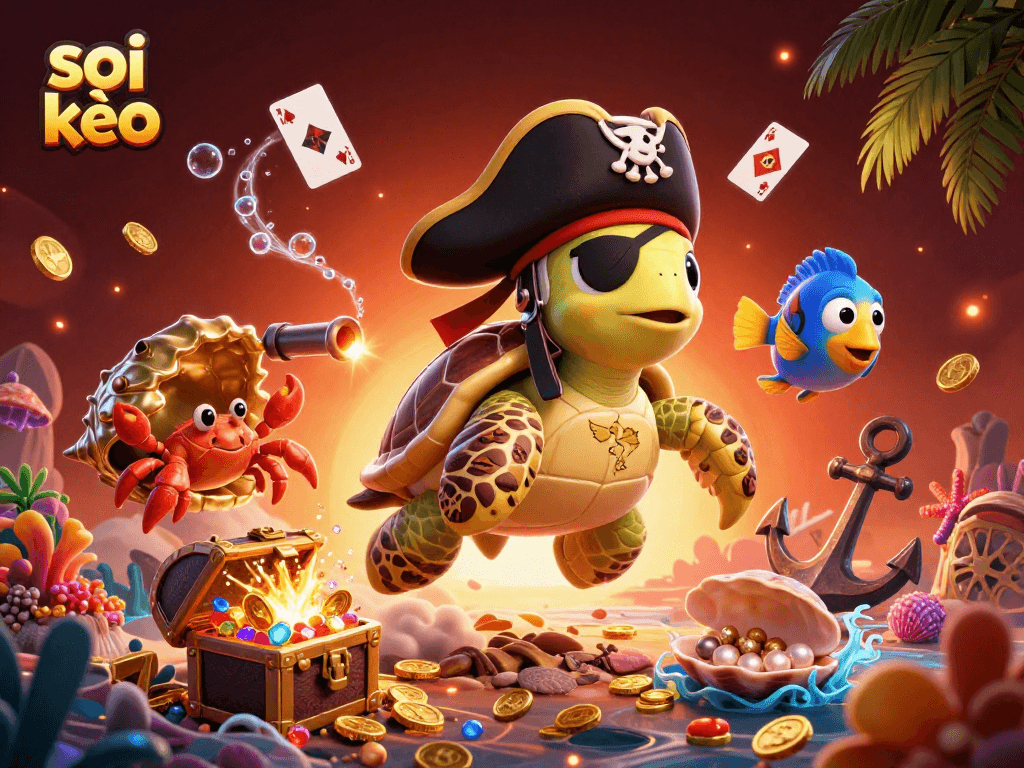 Engage in the thrilling soi kèo experience with dynamic casino elements surrounding a pirate turtle adventure.