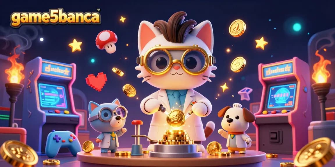 Experience thrilling gameplay at game5banca with a dynamic illustration of a scientist cat and a dog assistant in a casino setting.