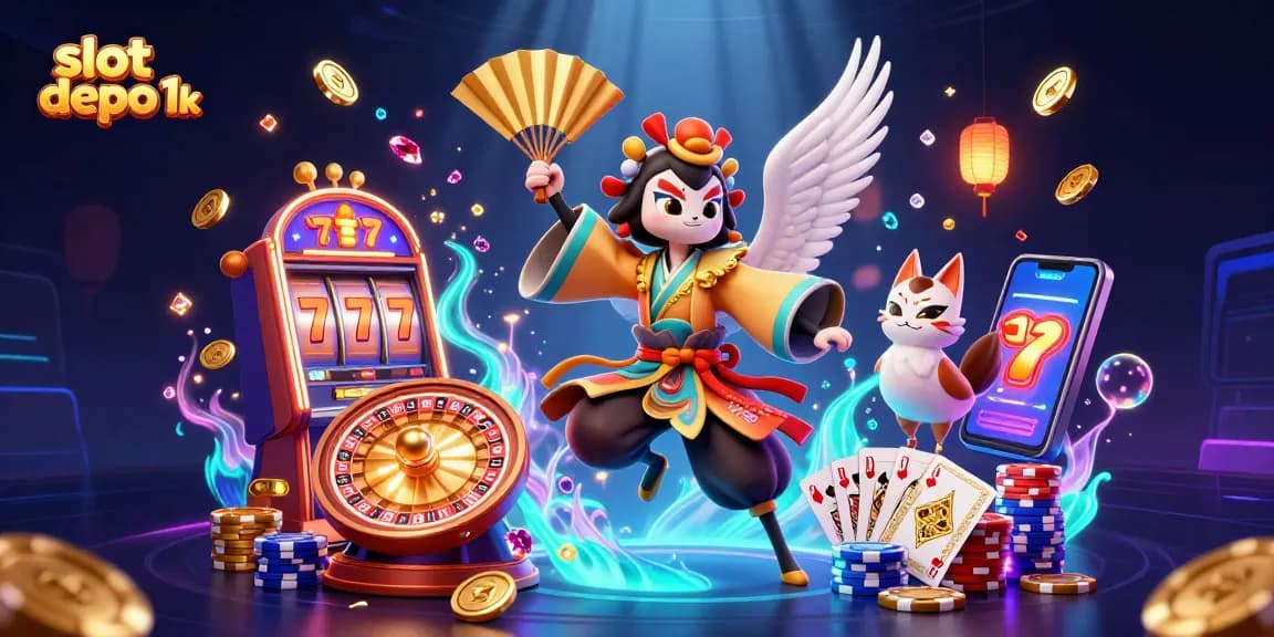 Melihat slot depo 1k dalam ilustrasi 3D tingkat tinggi dengan karakter menawan dan elemen kasino.