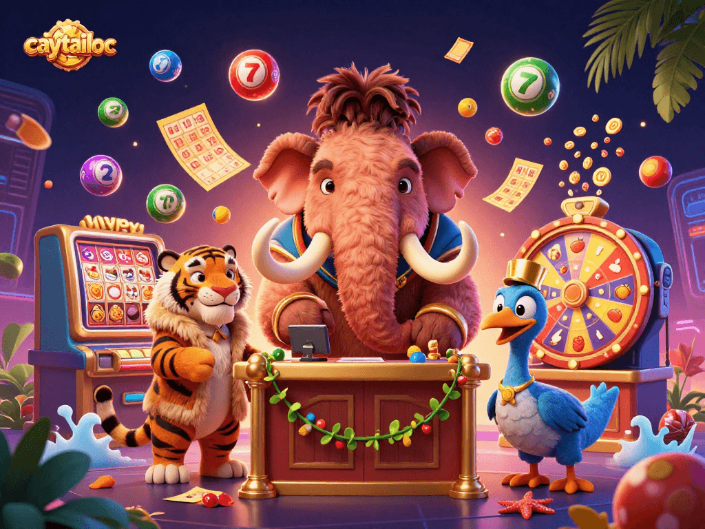 Engage with caytailoc's vibrant casino scene showcasing playful 3D characters and dynamic slot elements.