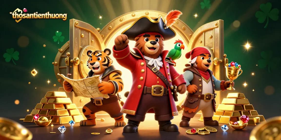 Engage in thrilling gameplay with thosantienthuong's captivating casino adventure, featuring treasure-hunting characters.