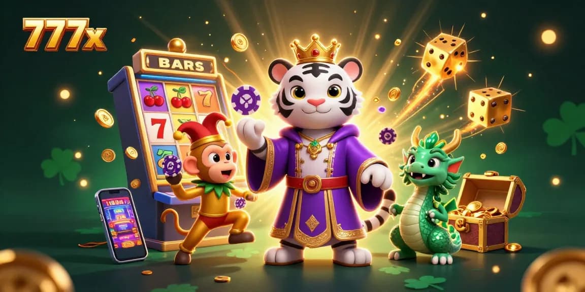 Experience thrilling gameplay at 777x with a vibrant scene of lucky symbols and colorful characters!