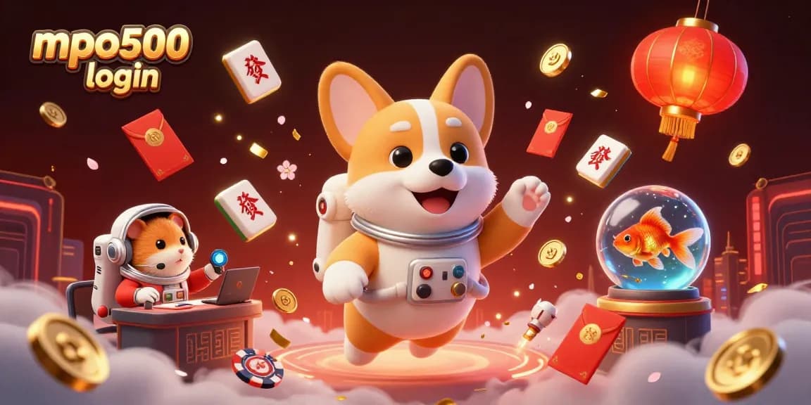 Engage with mpo500 login while exploring vibrant casino elements featuring a floating corgi astronaut and magical lanterns.