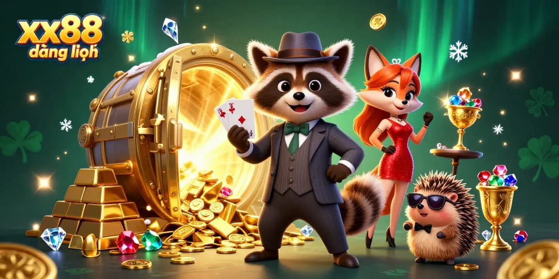 Engage with xx88 đăng nhập as raccoon, fox, and hedgehog celebrate in a vibrant casino scene.