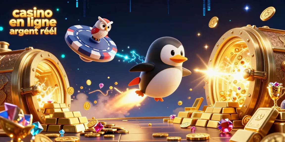 Plongez dans l'univers du casino en ligne argent réel avec un pingouin doré fusé et des trésors scintillants.