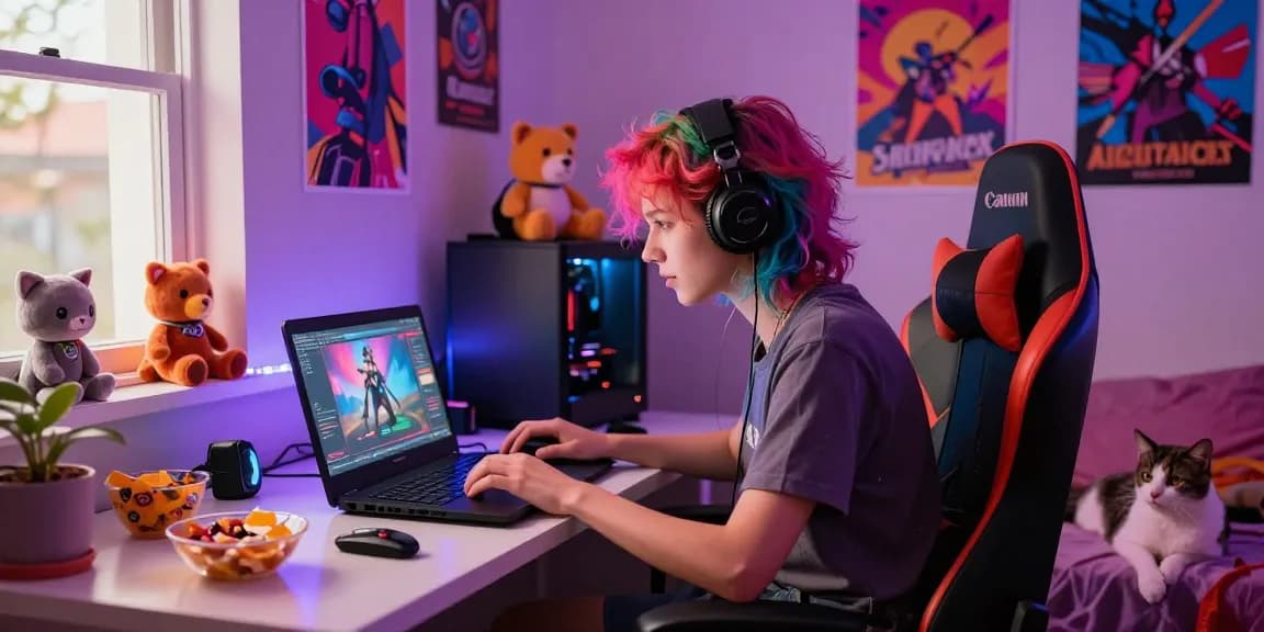 Engaging scene of a gamer playing femboy porn games in a cozy bedroom.