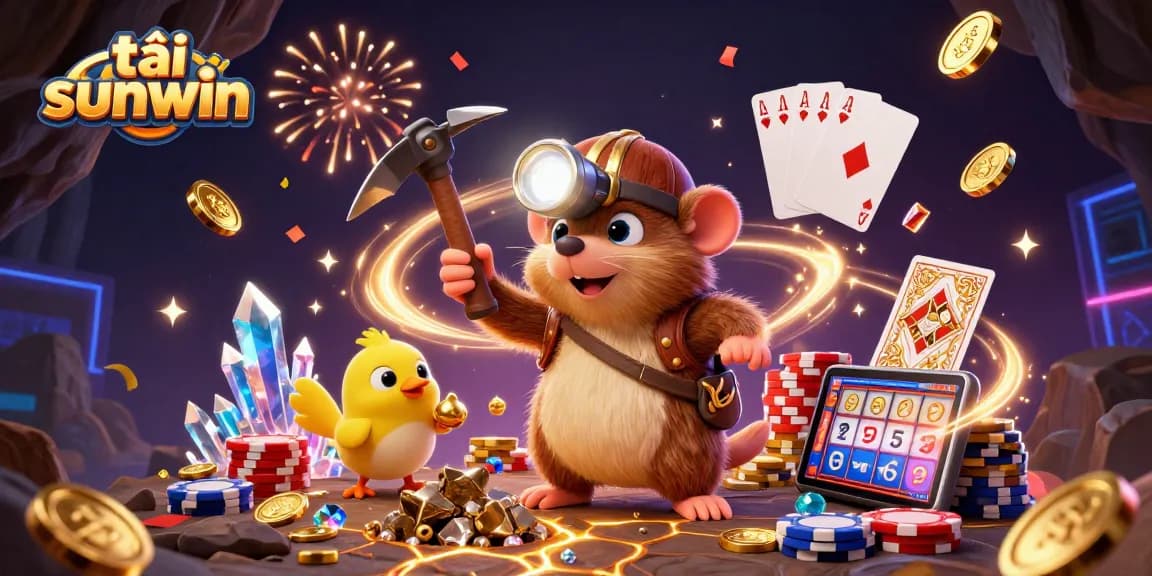 Engage with the thrilling world of tải sunwin, showcasing a treasure hunter mole and its canary with cascading coins and vibrant casino elements.