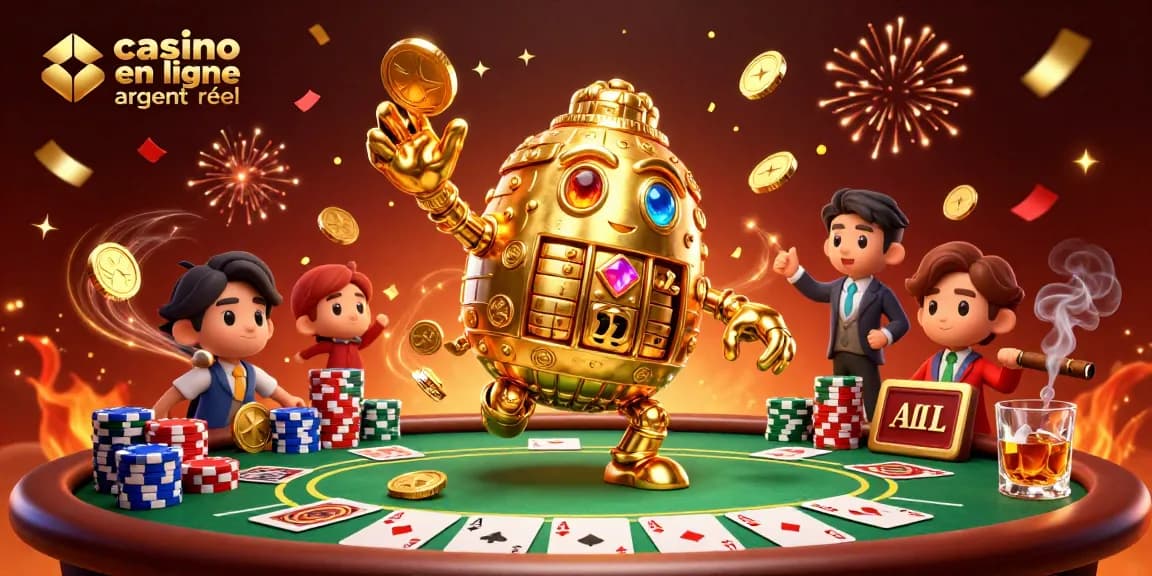 Plongez dans le monde des gains avec un casino en ligne argent réel et son golem d'or entouré de jetons et de cartes.