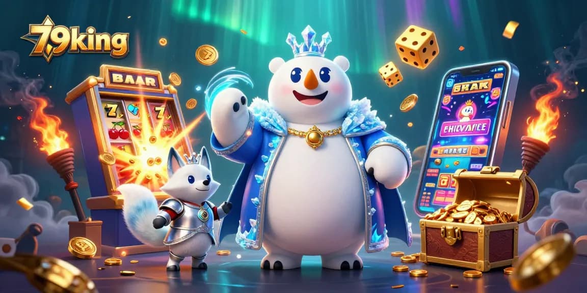 Experience jackpot excitement with 79king's vibrant casino scene featuring a polar bear and a fox.
