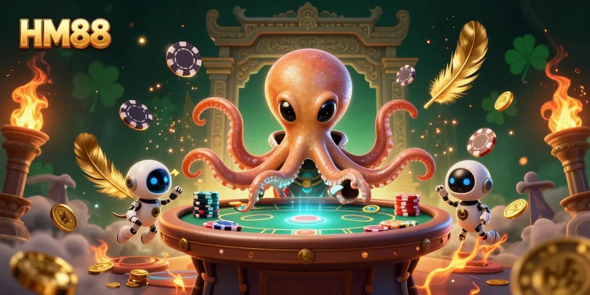 Engage with HM88's thrilling poker scene featuring an alien octopus and robot amidst dazzling casino elements.