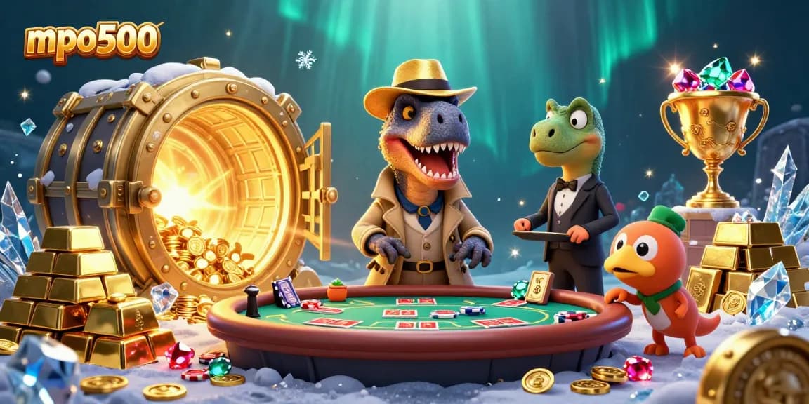 Experience mpo500 with our cartoon velociraptor counting cards at a vibrant blackjack table.