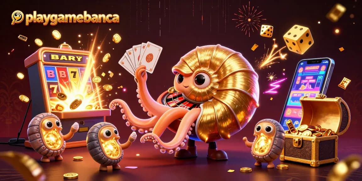 Experience excitement with playgamebanca's 3D casino scene featuring jackpot bursts and vibrant game elements.
