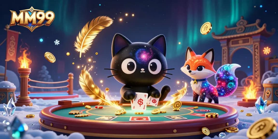 Experience the MM99 cosmic casino with a black hole cat and nebula fox as they attract golden chips and cards.