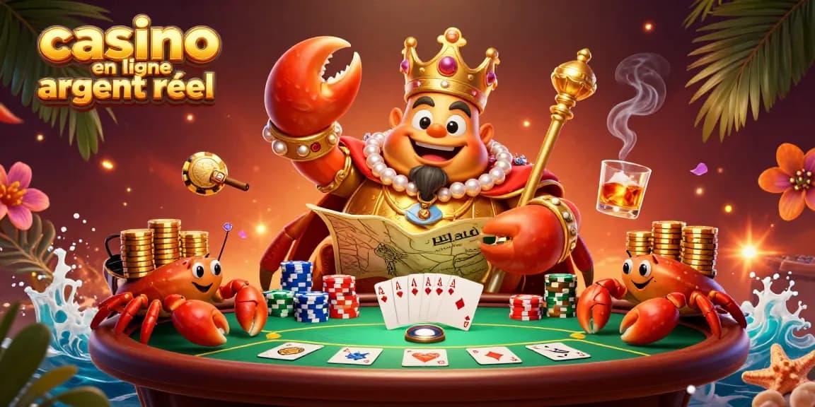 Visuel captivant de casino en ligne argent réel avec un crabe impérial et des jetons dorés.