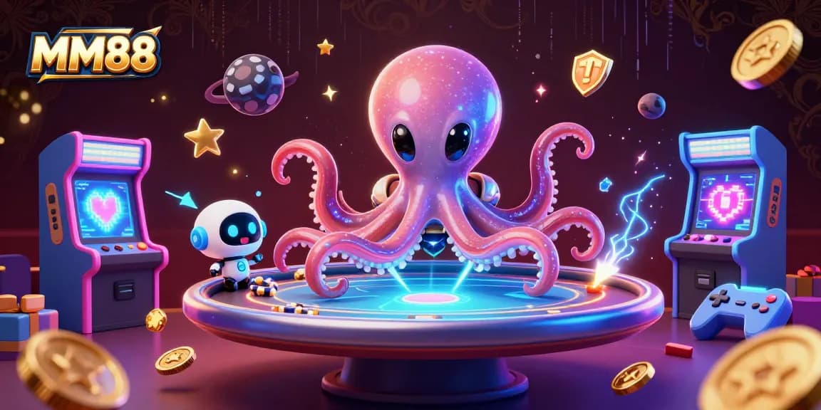 MM88 features an alien octopus playing poker in a vibrant casino setting.