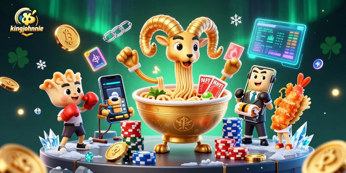 kingjohnnie showcases a lively 3D casino scene with vibrant characters and glowing crypto elements.