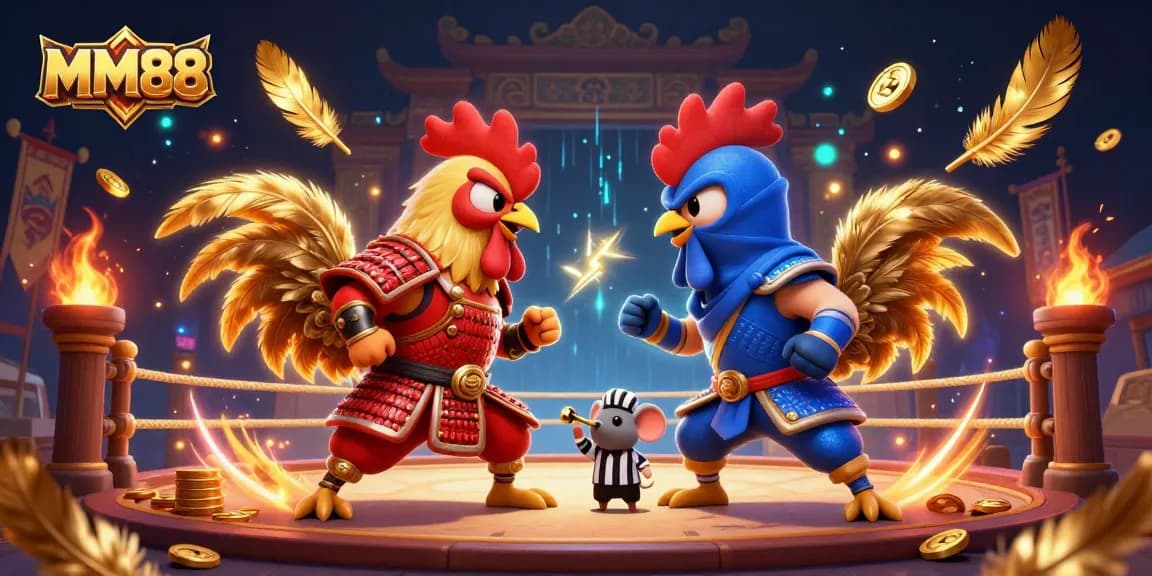 Experience epic battles at MM88 with fighting roosters and cinematic casino elements.