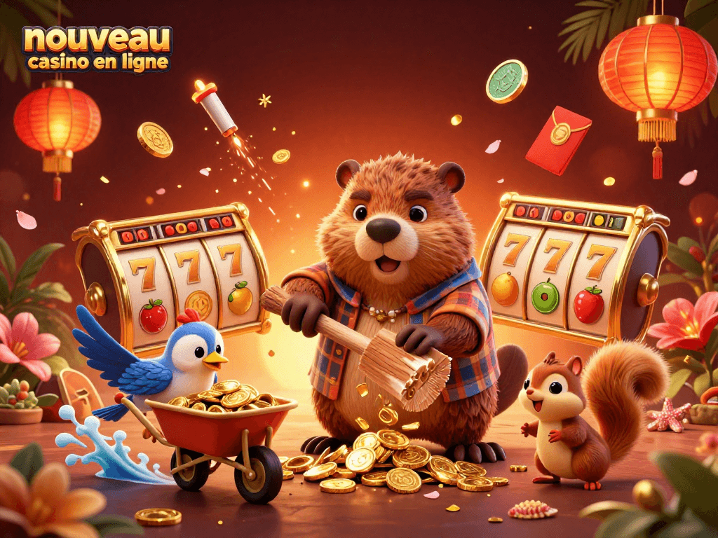 Profitez d'une illustration 3D captivante de personnages de casino autour d'un nouveau casino en ligne, avec des symboles de jackpots.