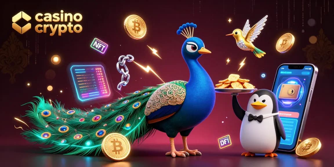 Jouer au casino crypto avec un paon aristocratique, un pingouin majordome et un colibri doré.