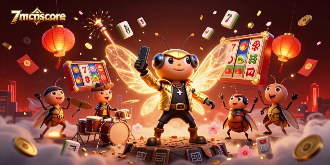 Experience the vibrant energy of 7mcnscore featuring a rock star cicada in a dazzling casino scene.