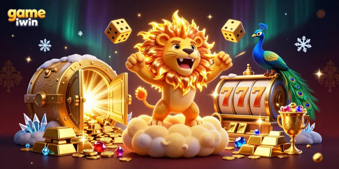 Experience the thrill of game iwin as a roaring sun lion illuminates a vibrant casino scene.