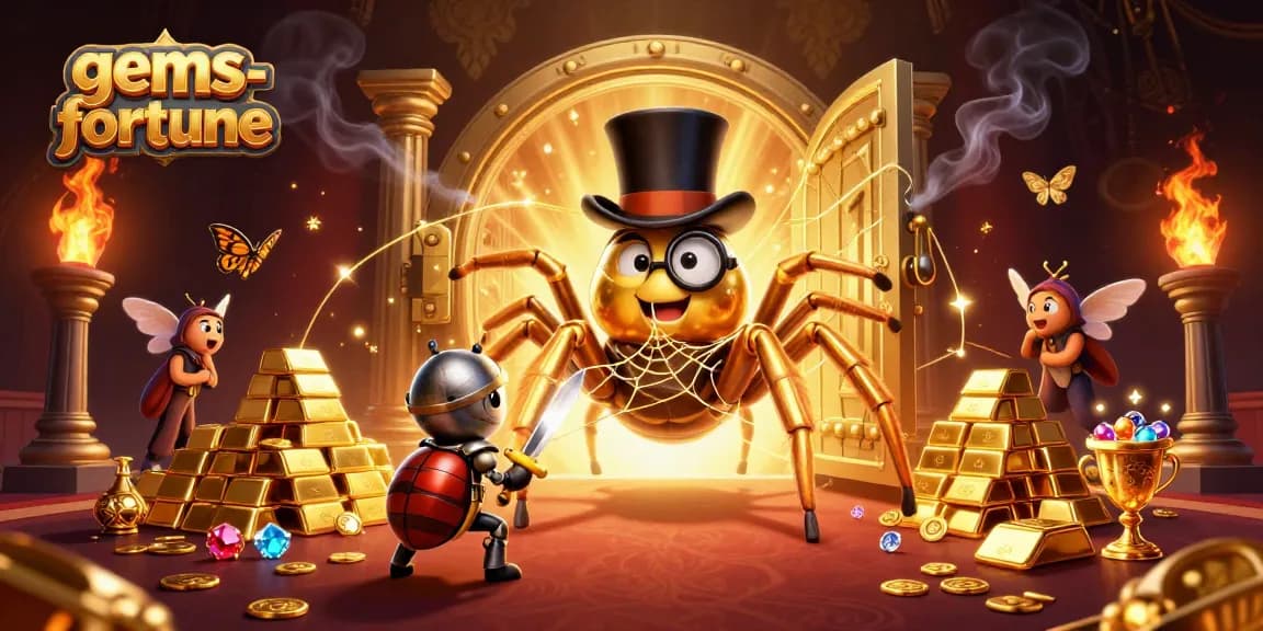 Uncover treasures with gems-fortune as golden tarantula and knight explore a casino