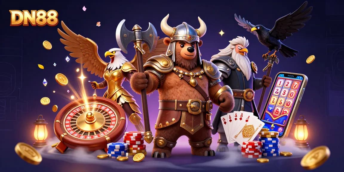 Engage with DN88's thrilling online casino atmosphere through this vibrant 3D art filled with excitement.