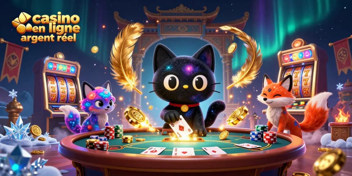 Atteignez les gains avec ce casino en ligne argent réel illustré par un chat attractif et une ambiance cosmique.