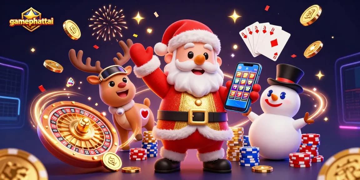 Experience the excitement of gamephattai with Santa, his reindeer, and a snowman in a vibrant casino scene.