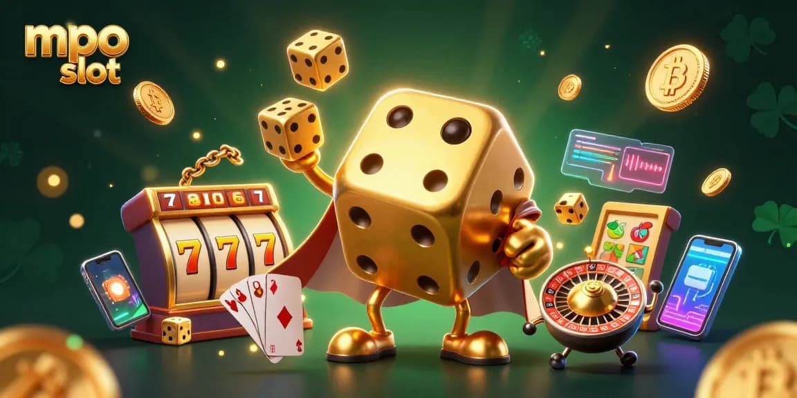 Spin to win with mpo slot, featuring a golden dice golem juggling in a vibrant casino scene.