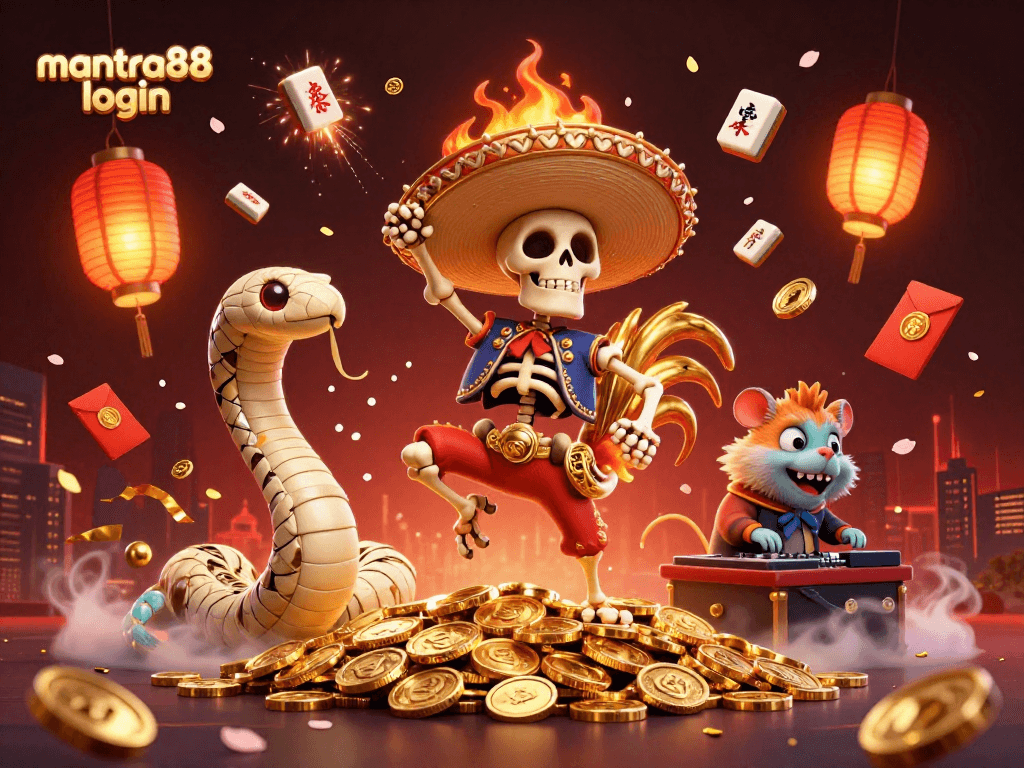 Experience the vibrant excitement of mantra88 login with a colorful casino scene and lively characters.