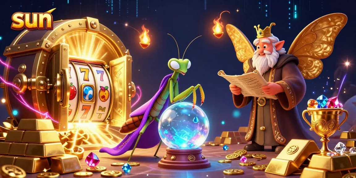 Engage in thrilling slots action with the sun shining on a mystical gambling scene.
