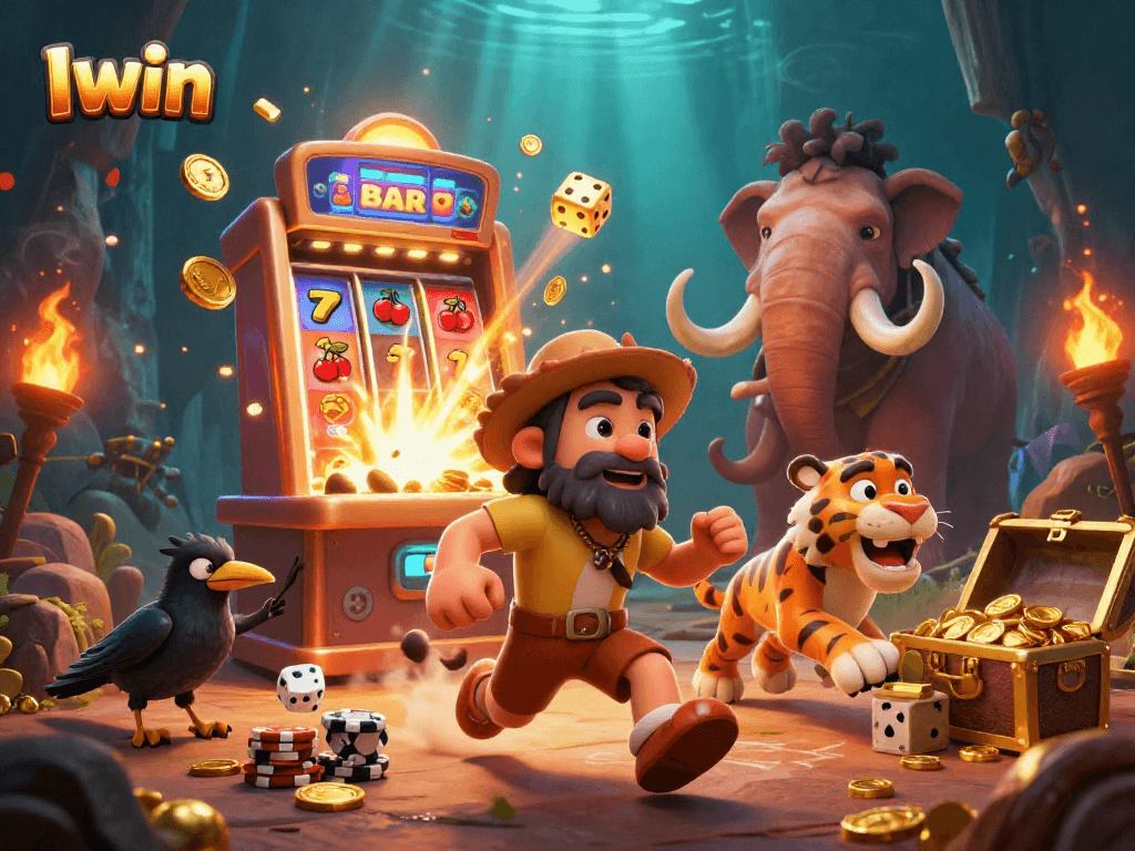 Iwin casino illustration showcasing caveman & sabertooth tiger duo operating a prehistoric jackpot casino.