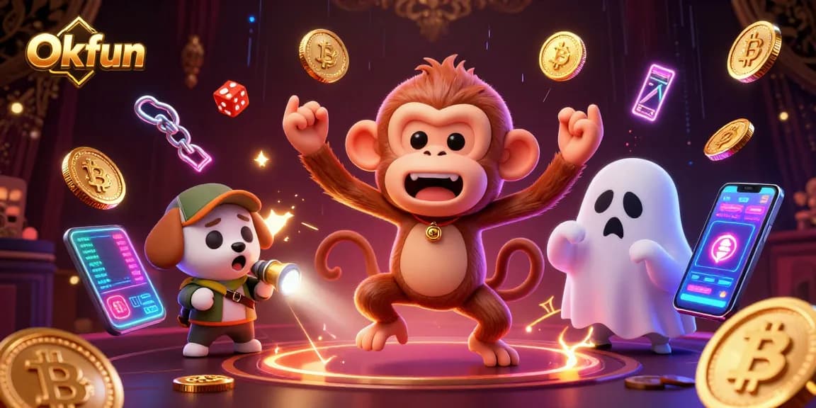 Engage in thrilling gaming at Okfun with a mischievous poltergeist monkey and a curious puppy amidst a vibrant casino.