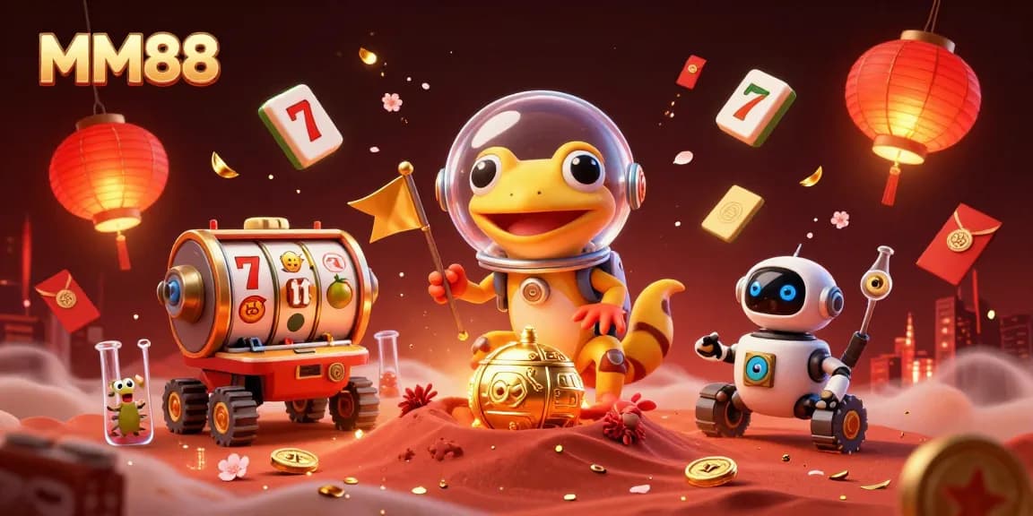 Experience MM88's dynamic gaming with a cartoon Martian gecko in a golden casino scene.