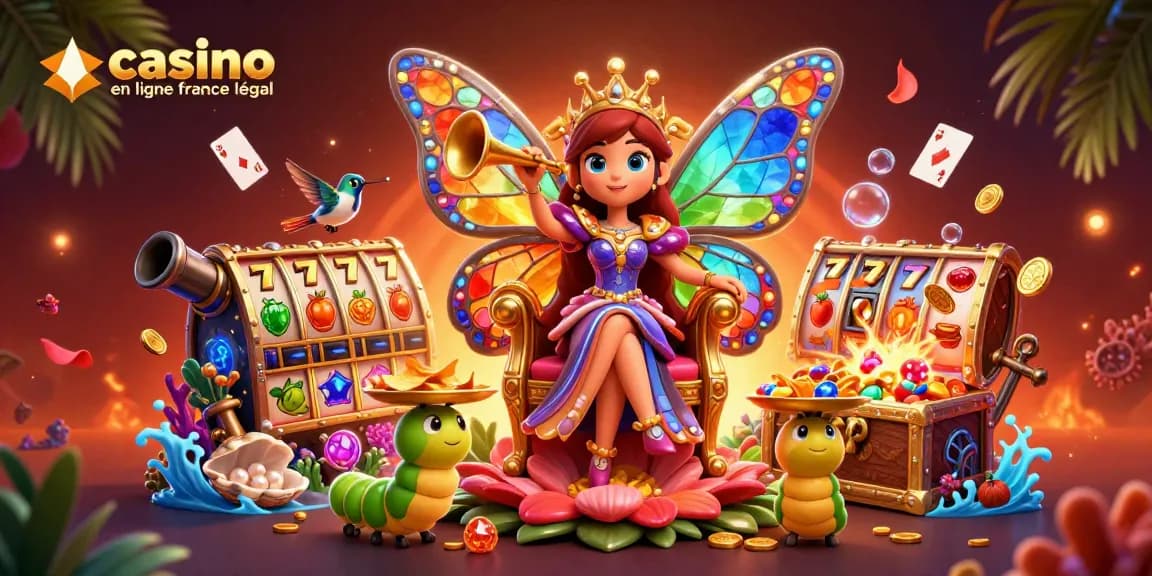 Illustration ludique représentant le casino en ligne France légal, avec des symboles de jeu colorés et dynamiques.