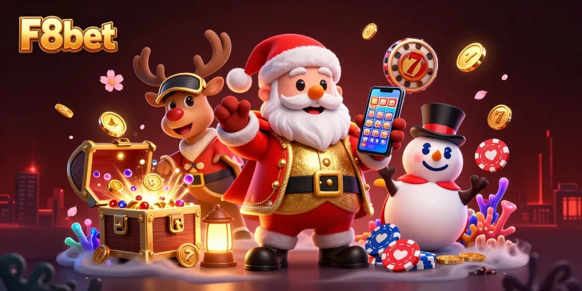 Experience the excitement of F8bet with Santa Claus and friends in a vibrant casino setting.
