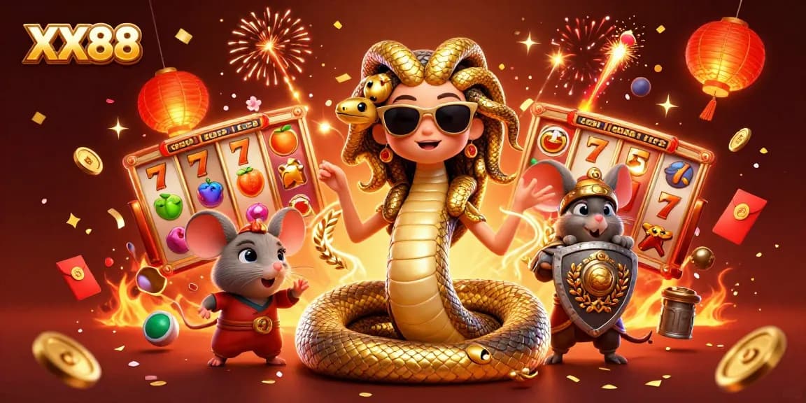 Engage with the dynamic world of XX88 casino featuring Medusa and luck symbols amidst festive celebrations.